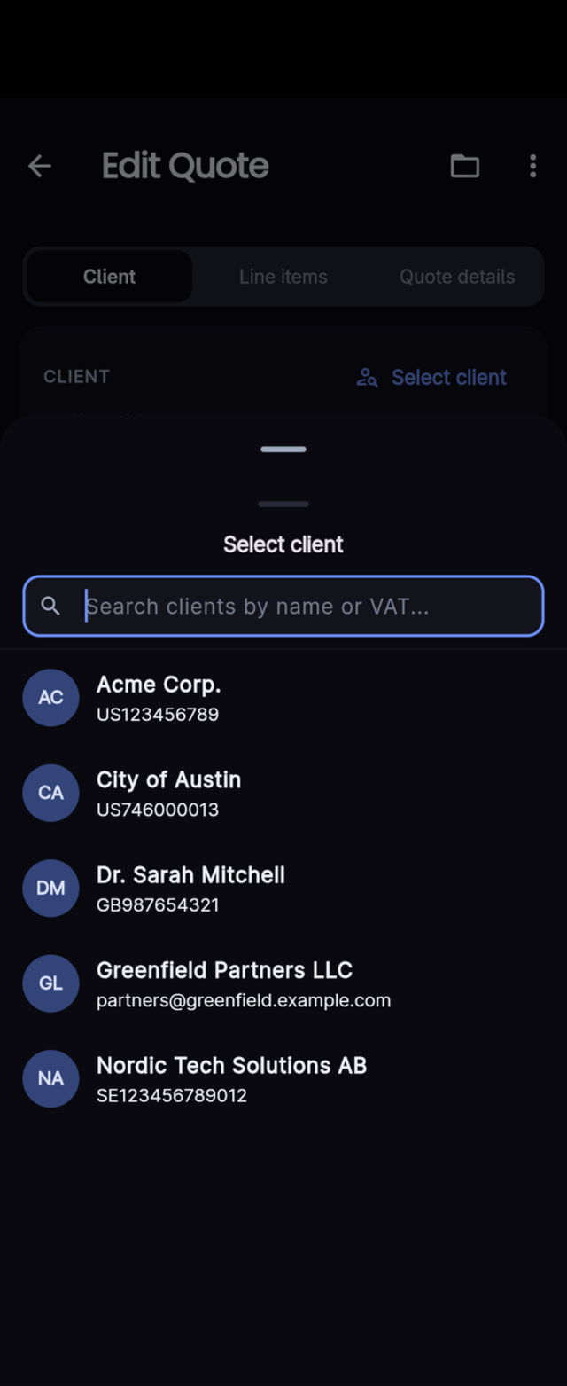 Quotes app client picker sheet with a search box and a list of saved clients showing their VAT numbers