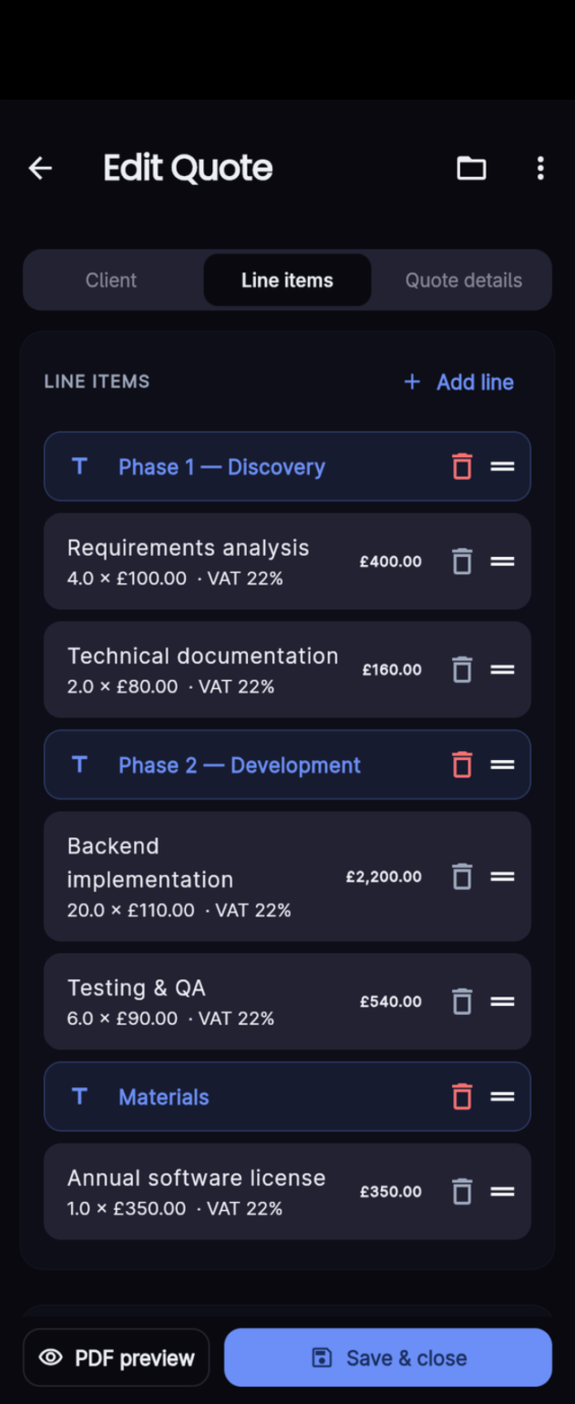 Quotes app quote-editing screen with line items grouped into phases, quantities, unit prices, and VAT