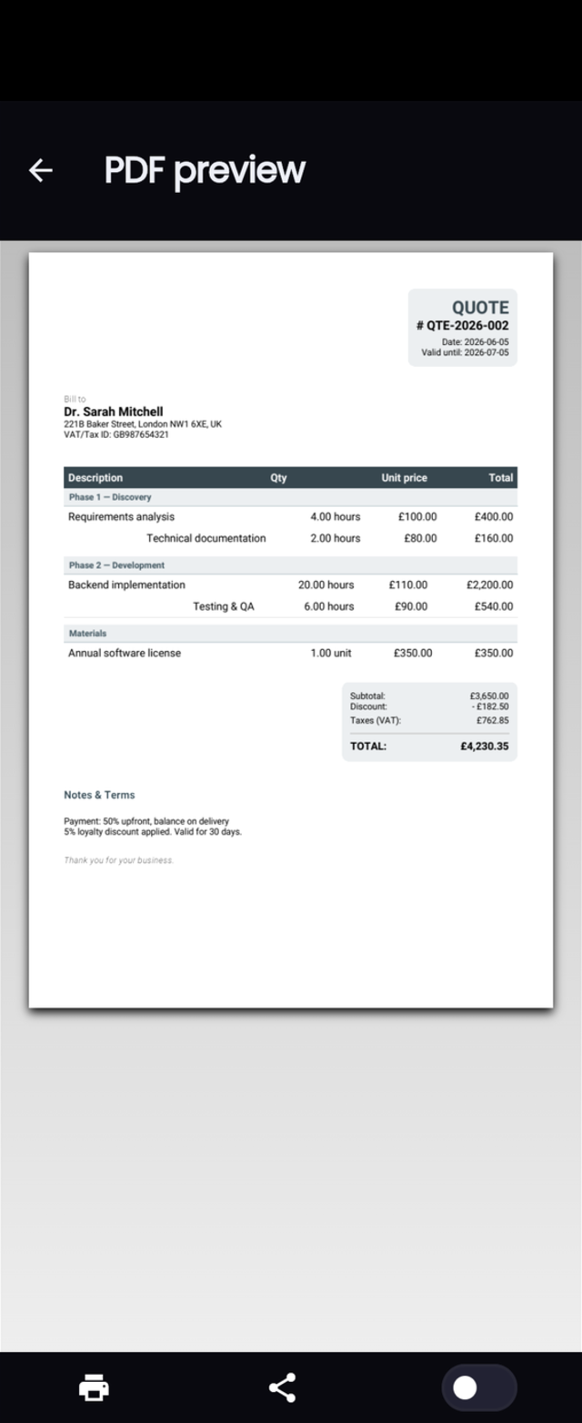 Quotes app PDF preview screen showing the rendered client quote with itemized pricing and totals