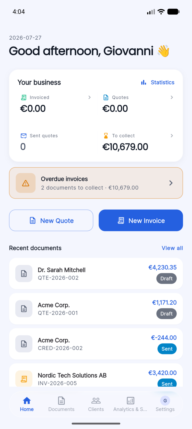 Quotes app home screen showing invoiced total, open quotes, amount to collect, and a list of recent documents