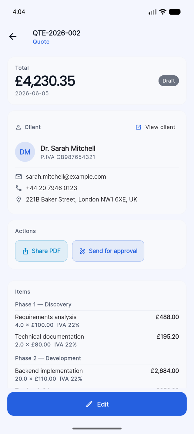 Quotes app screen showing an itemized client quote with total, client details, and PDF sharing actions