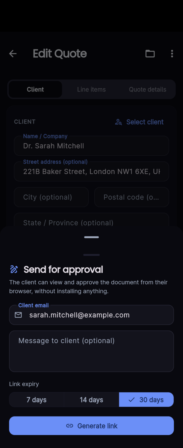 Quotes app send-for-approval sheet with client email, optional message, and link expiry options